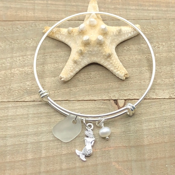 Artisan Jewelry - Sea Glass And Pearl Mermaid Charm Beach Bracelet| Authentic Seaglass Jewelry